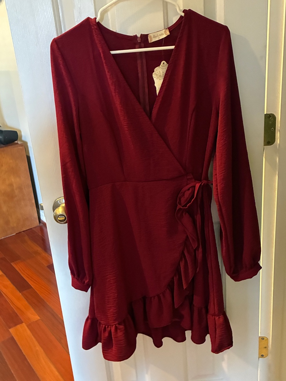 Altar’d State Wrap-Style Burgundy Ruffle Dress